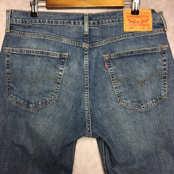 Levis Mens 505 Regular Fit Blue Jeans size 36x34 Stretch Denim Pants - Picture 1 of 16